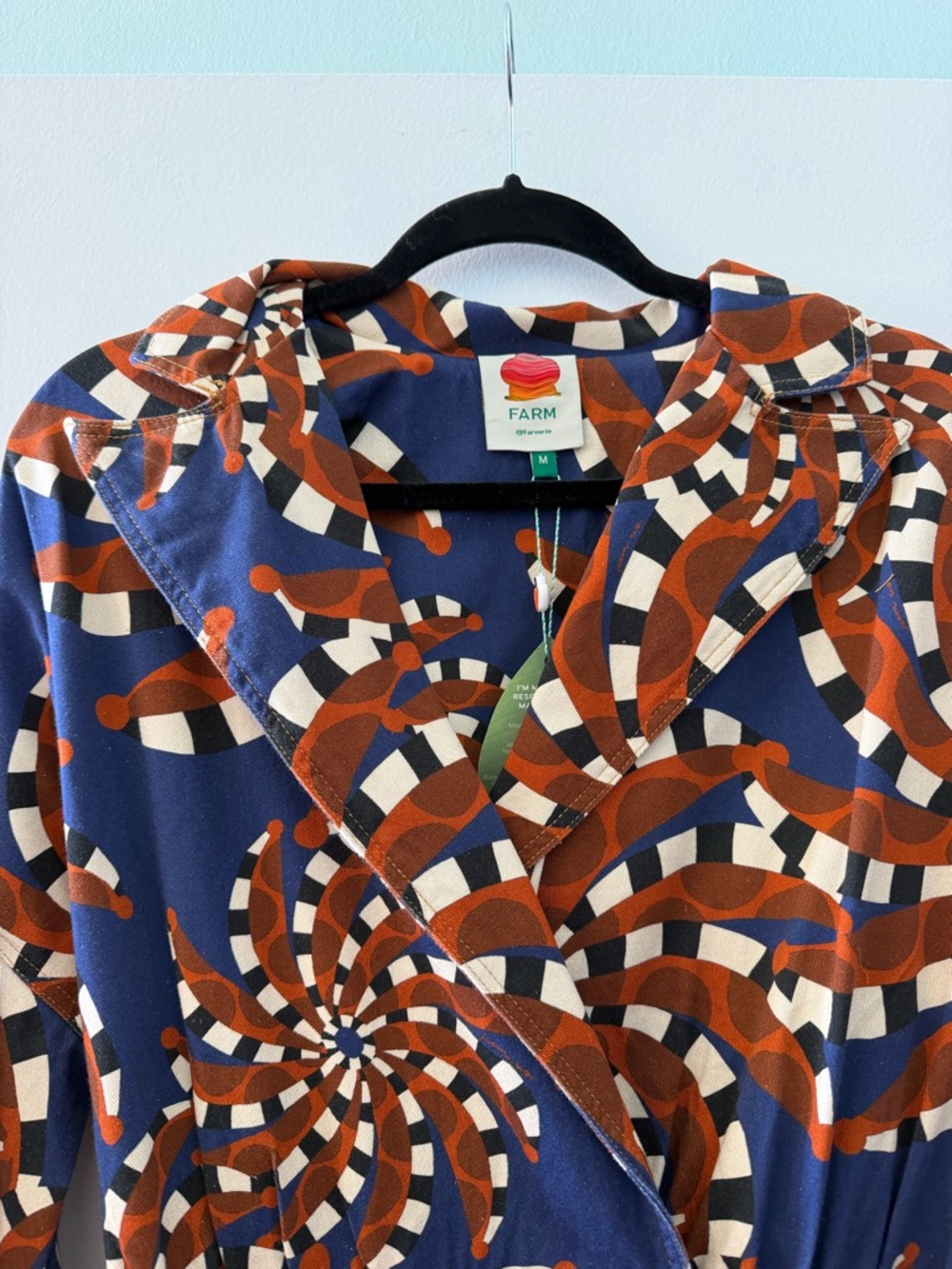 NWT Farm Rio Retro Spiral Print Blue Bandana Belted Jumpsuit in Navy & Rust - Picture 10 of 14